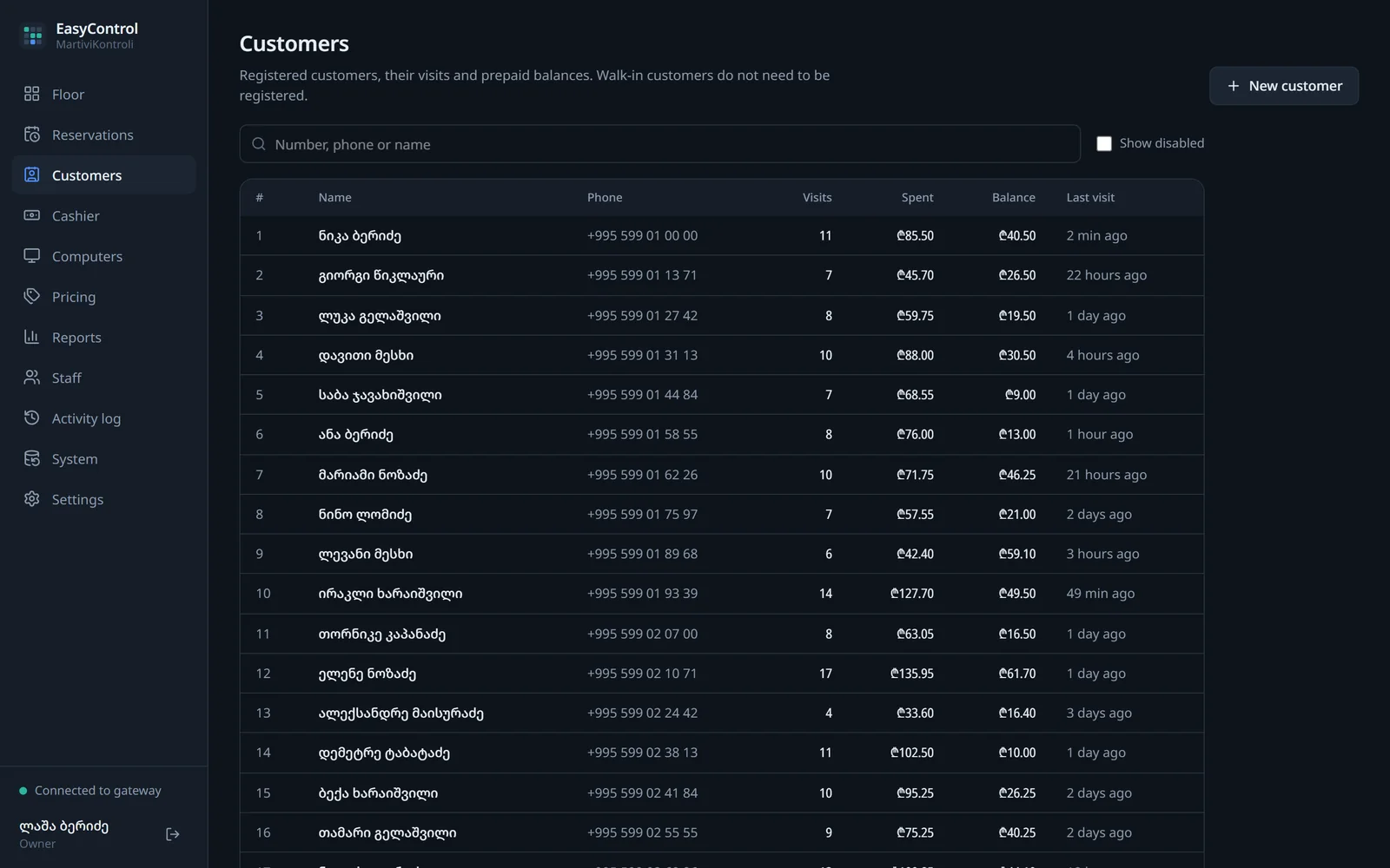 EasyControl customer list: visits, total spent and balance