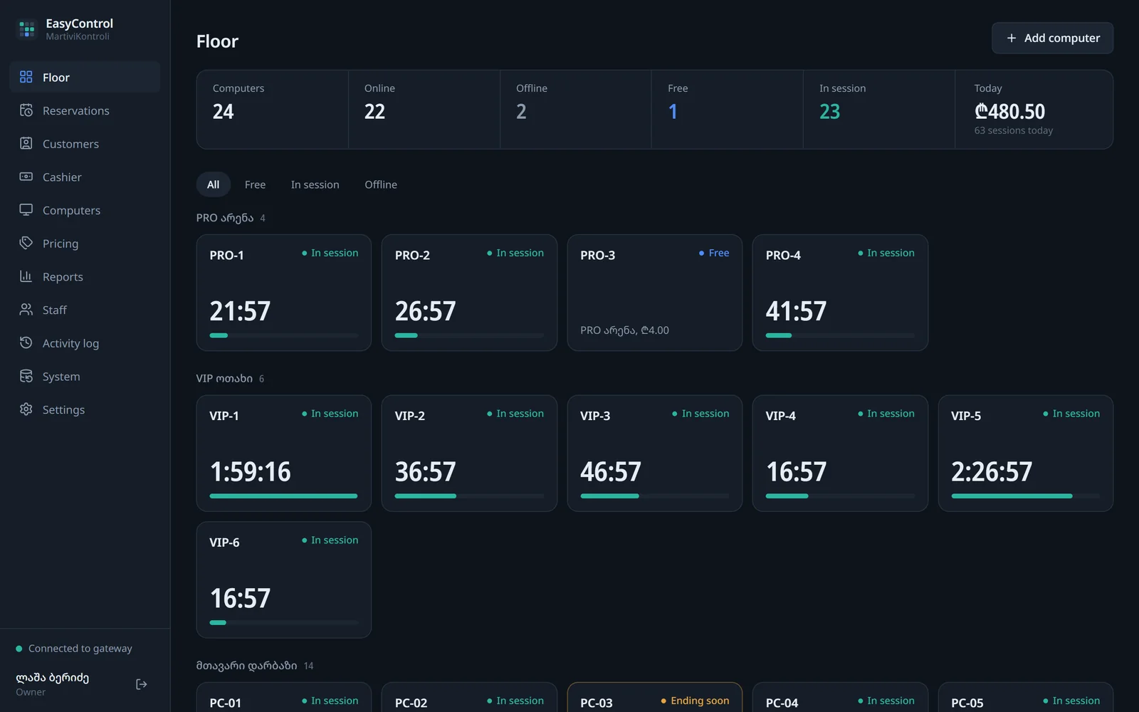 EasyControl floor screen: computers by zone with status and remaining time